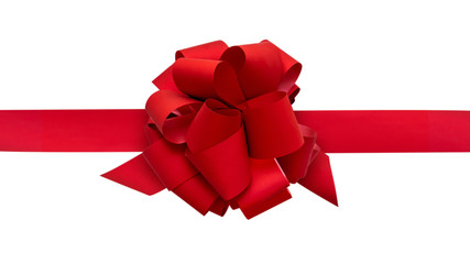 Big red bow with ribbon, on a white background, top view.