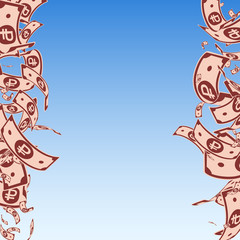 Russian ruble notes falling. Messy RUB bills on bl