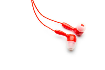 Modern wired classic red headphones isolated on white