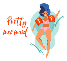 Pretty mermaid. Young smiling girl with blue hair, pink swimming suit and red inflatable sleeves in sea, pool. Summer seaside beach pool party. Flat colourful vector illustration icon sticker.