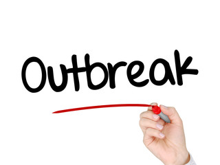 A hand writing 'Outbreak' for health and social issues on Coronavirus (Covid-19) concept design.