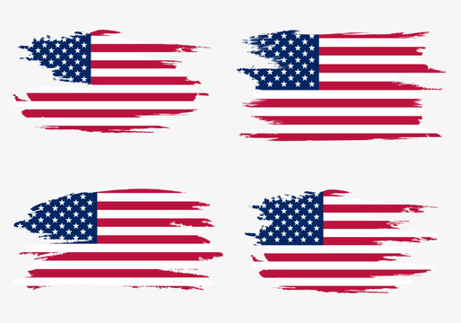 Set American flags. Brush painted flags of USA. Hand drawn style illustration with a grunge effect and watercolor. American flags with grunge texture. Vector illustration.