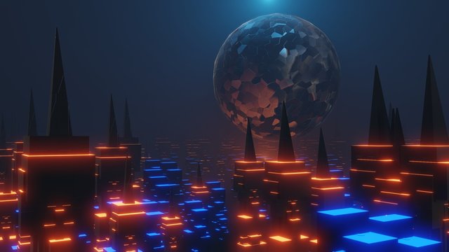 3d modeled futuristic city with ominous sphere floating above it glowing blue and red - digital science fiction art