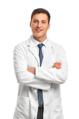 Handsome male doctor on white background