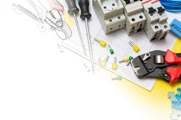 Crimping tools, electric safety machines and power tools on a yellow background. Electrician tools, the Concept of converting a color image to a drawing