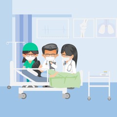 Doctor check patient health condition. Doctors treating the patient, Hospitalization of the patient. Doctor's visit to ward of patient woman lying in a medical bed. Illustration in a flat style