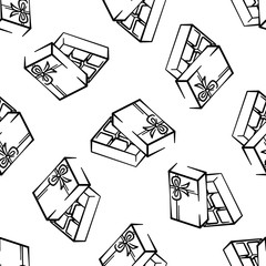 Box of candies vector seamless pattern on white background. Black and white holiday background hand-drawn. Design for wrapping, print.
