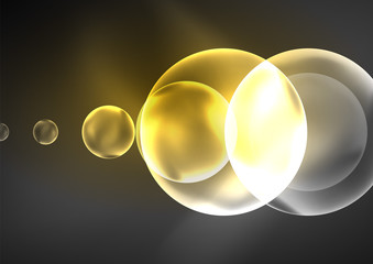 Glowing neon shiny transparent bubbles, glass circles or bio cell concept. Techno futuristic vector abstract background For Wallpaper, Banner, Background, Card, Book Illustration, landing page