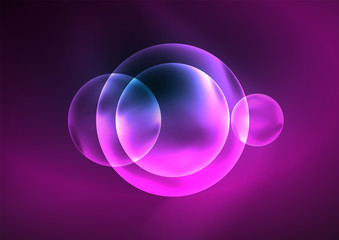 Glowing neon shiny transparent bubbles, glass circles or bio cell concept. Techno futuristic vector abstract background For Wallpaper, Banner, Background, Card, Book Illustration, landing page