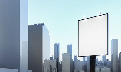 Billboard empty space in city. Signboard template - 3d render illustration. Advertisement promotion sideboard mockup. White blank copy space billboard poster. Brand street shop mockup