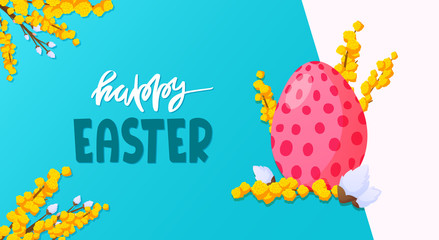 Painted egg and flowers Easter holiday background.