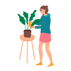 Stay home concept. Young girl watering flowers at her home in quarantine isolated on white background. Flatten the curve an outbreak of the COVID-19 virus. Social distance concept. Vector illustration