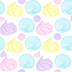 Colorful meringues on a white background. Vector seamless pattern for bakery, cafe, sweet shop, pastry shop, confectionery, printing on packaging, wrapper, paper, fabric, textile, menu