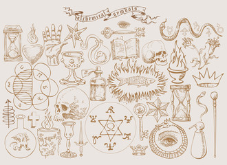 vector set of alchemical symbols in the style of medieval engraving - obrazy, fototapety, plakaty