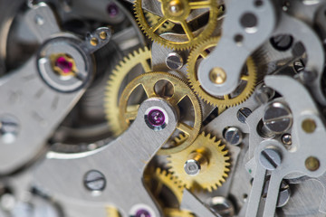 Macro close-up of complex watch movement parts. Focus on the ruby jewel.