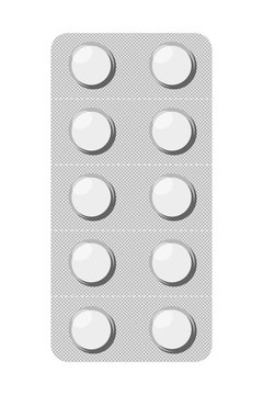 Round tablets in a blister. Pharmaceutical blister pack isolated on white background. Vector illustration