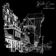 River Motlawa embankment with the oldest medieval port crane in Europe. Gdansk, Poland. Vintage design. Chalk drawing on a blackboard. EPS10 vector illustration