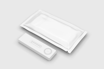 Blank rapid home self test kit sachet packaging for branding, 3d render illustration.