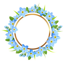 Spring round frame with blue flowers.