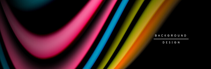 Сolorful flow poster. Wave liquid lines and shapes in black color background. Vector Illustration