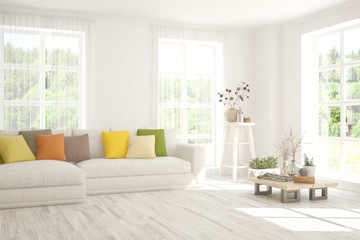 White living room with sofa and summer landscape in window. Scandinavian interior design. 3D illustration