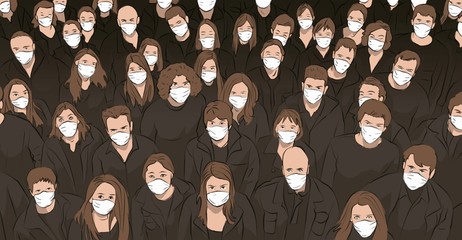 A crowd of people. everyone breathes protected by a mask. fear of covid-19 infection. illustration