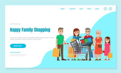 Family shopping. Mother and father with daughter and grandparents in shops. People with trolley loaded with bought stuff in stores. Holiday preparation. Website or webpage, landing page vector