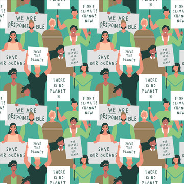 Earth Day Seamless Pattern Of People Crowd Protest