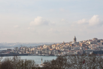 View of Galata Tower from the observation deck at Topkapi Palace in Istanbul. Turkey