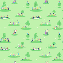 Easter family people in spring seamless pattern