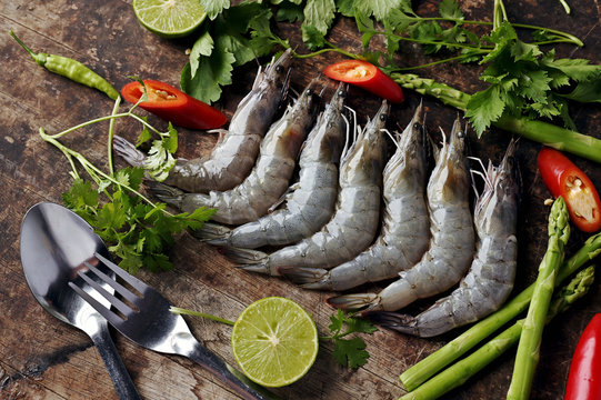 Fresh Prawn Or Shrimp On Butcher With Vegetable