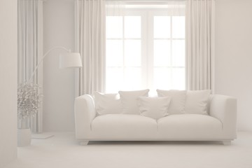 White minimalist living room with sofa. Scandinavian interior design. 3D illustration