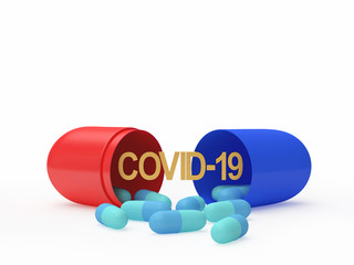 Covid-19 coronavirus icon and scattered medical capsules isolated on white background. 3D illustration