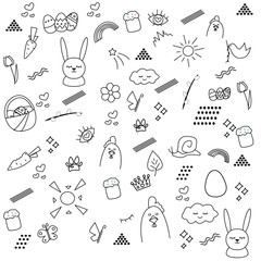 Spring set, vector card postcard. Easter rabbit, cock, spring flowers, butterfly.