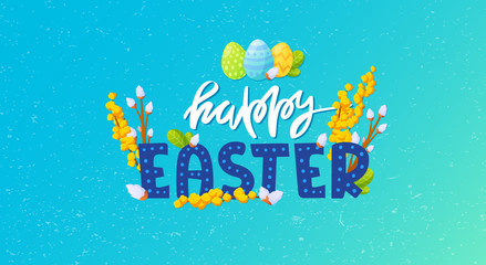 Painted eggs and flowers Easter holiday background