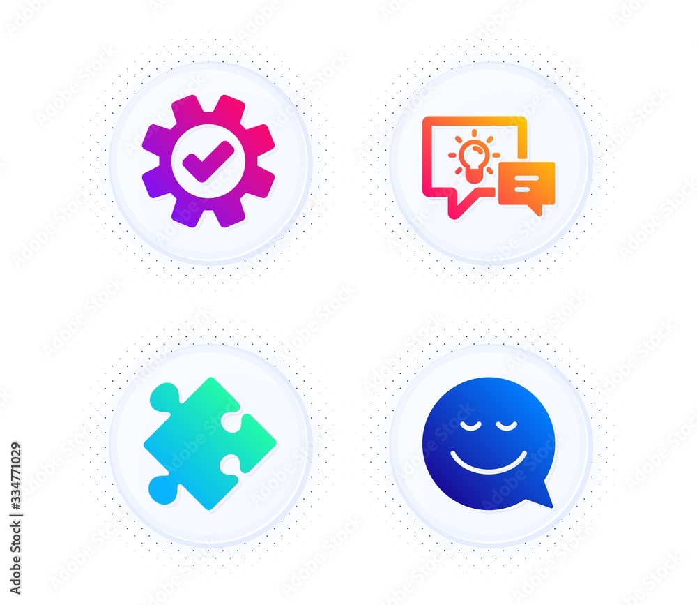 Poster idea lamp, service and strategy icons simple set. button with halftone dots. smile sign. business en