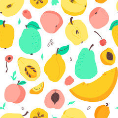 Food flat hand drawn seamless pattern. Fruits- melon, apple, peach, pear, apricot, cherry, qiurce, raspberries. Healthy Organic food scandinavian illustrations. Kitchen textile