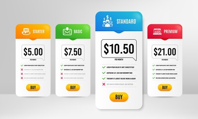 Web analytics, Salary employees and 360 degree icons simple set. Price table template. Incoming mail sign. Statistics, People earnings, Virtual reality. Download message. Business set. Vector