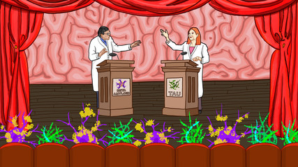 Two scientist figures debating on medical stage with microbes in audience