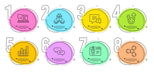 Ship, Dots message and Comment signs. Timeline steps infographic. Start business, Seo gear and Graph chart line icons set. Chemical formula, Friends chat symbols. Launch idea, Cogwheel. Vector