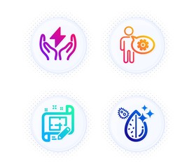 Cogwheel, Safe energy and Architect plan icons simple set. Button with halftone dots. Dirty water sign. Engineering tool, Thunderbolt, Engineering plan. Aqua drop. Science set. Vector