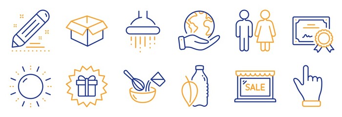Set of Business icons, such as Water bottle, Cooking whisk. Certificate, save planet. Sale, Restroom, Brand contract. Shower, Sun energy, Opened box. Click hand, Surprise gift line icons. Vector