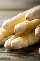 Spring season, new harvest of Dutch, German white asparagus. Healthy food concept with copy space. Selective focus.