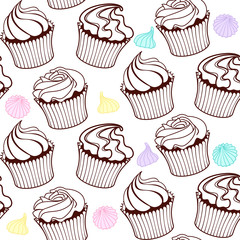 Brown muffins, cupcakes and colorful small meringues on a white background. Vector seamless pattern for bakery, cafe, sweet shop, pastry shop, confectionery, printing on packaging, wrapper, menu