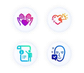Hold heart, Manual doc and Love message icons simple set. Button with halftone dots. Face accepted sign. Care love, Project info, Heart. Access granted. People set. Vector