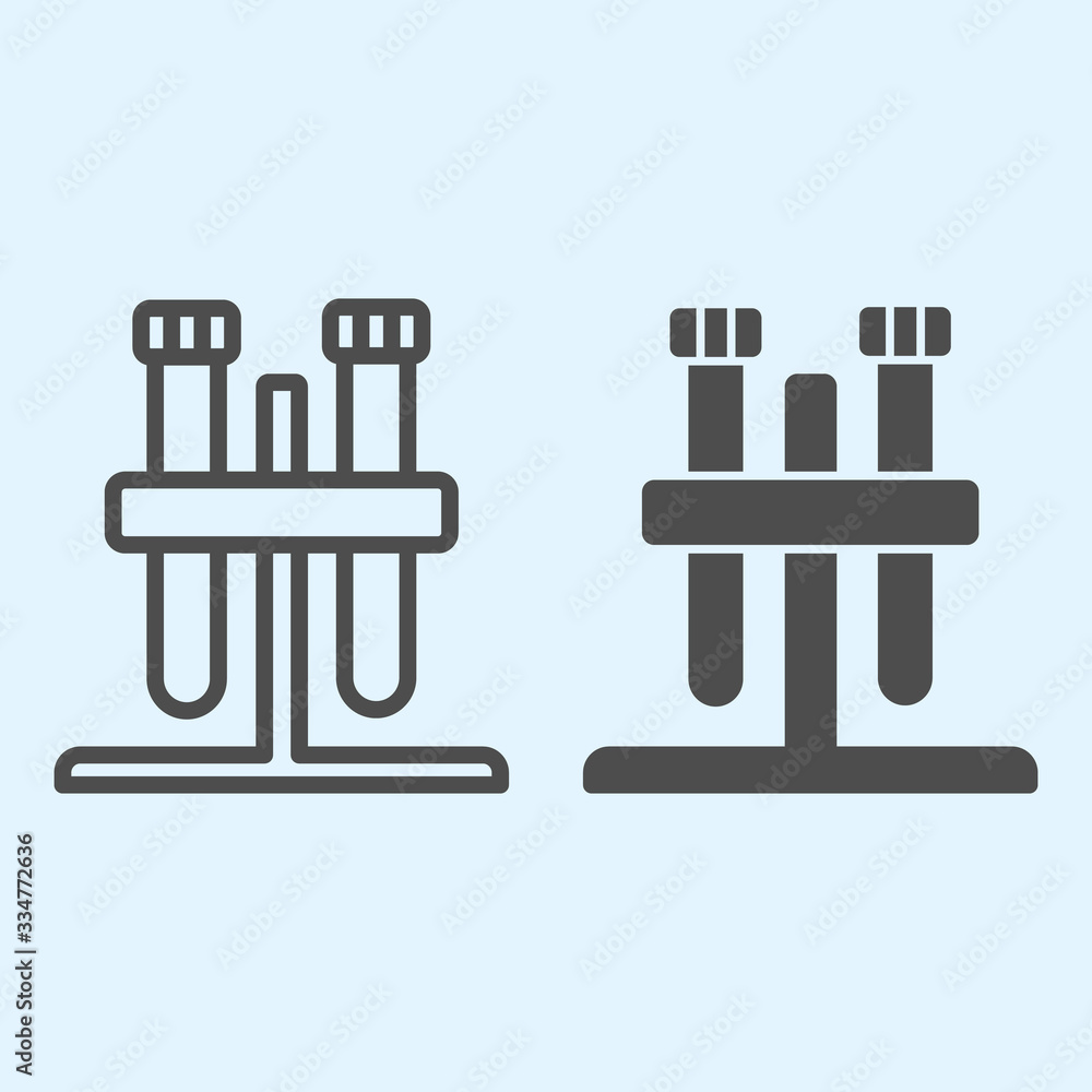 Poster flask tubes in stand line and solid icon. two lab test tube for chemistry outline style pictogram on
