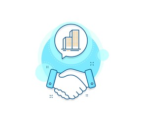 City architecture sign. Handshake deal complex icon. Skyscraper buildings line icon. Town symbol. Agreement shaking hands banner. Skyscraper buildings sign. Vector