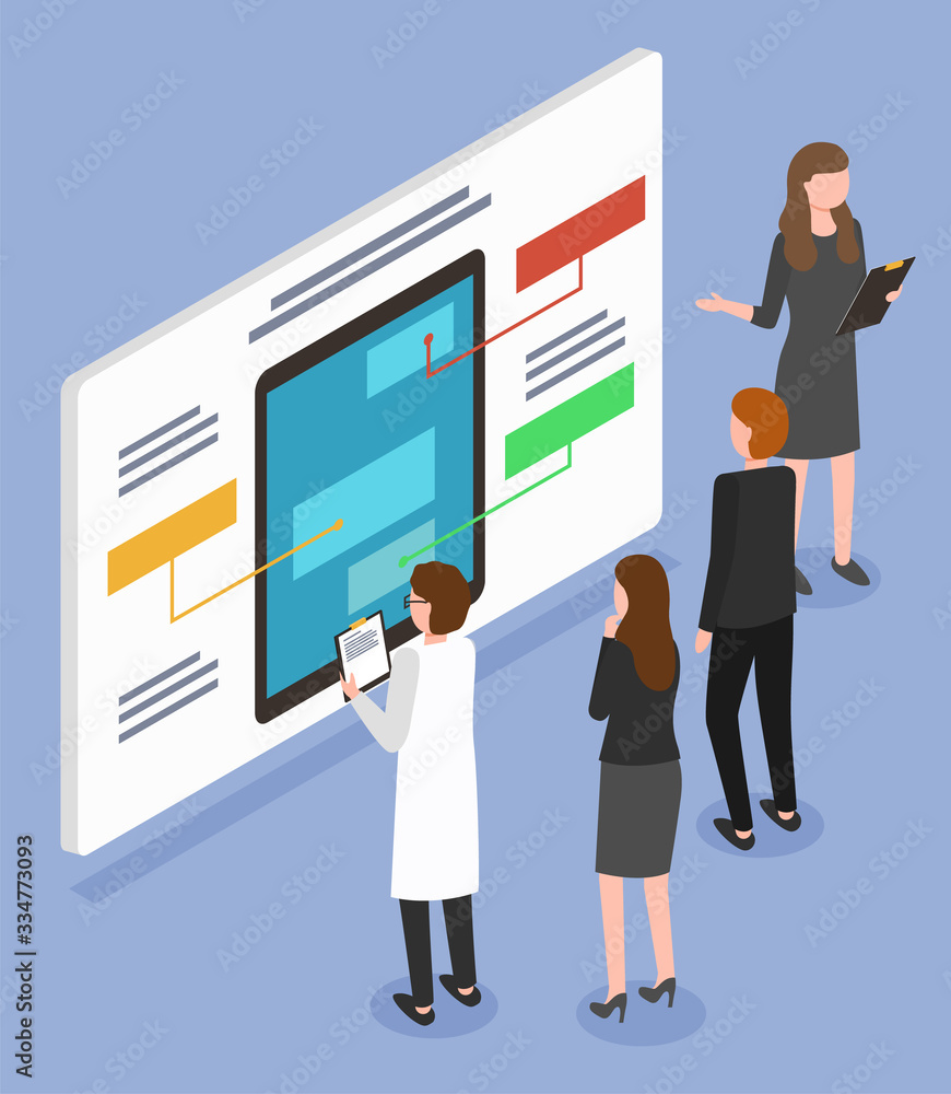 Poster woman presenting web design on meeting. people explore board with mockup of mobile application. lady