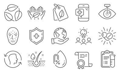 Set of Healthcare icons, such as Face biometrics, No alcohol. Diploma, ideas, save planet. Serum oil, Medical shield, Fair trade. Face id, Medical drugs, Bio tags. Eye laser, Leaves line icons. Vector