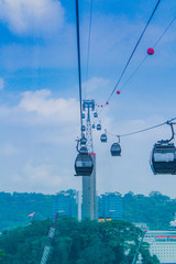 Cable car on Sentosa Island Singapore is over the sea, which is an important shipping port of Southeast Asia.